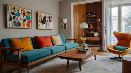 mid century scandinavian interior design of modern living room 