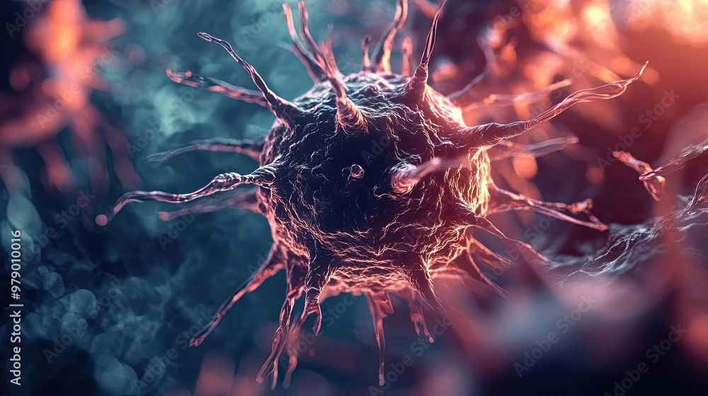 Poster Intricate depiction of a virus showcasing its complex structure and vibrant colors, perfect for science and health-related themes.