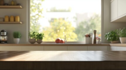 Brown wooden table and blue blurred window background on kitchen room with shadow sun bright