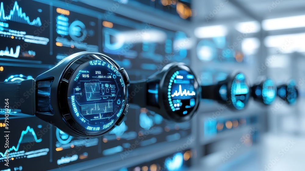 Poster futuristic smartwatch displaying data and charts