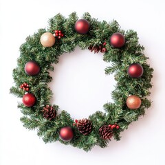 Round Christmas Wreath Decorated with Christmas Balls and Cones, Isolated on White Background