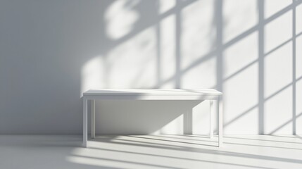 White wooden table on empty white wall modern minimalism room and shadow sun bright