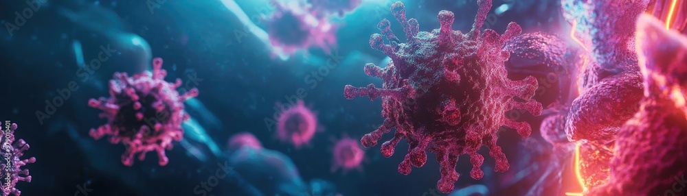 Poster vibrant digital illustration of viruses in a microscopic view, showcasing intricate details and text