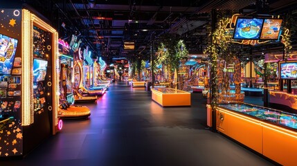Obraz premium Modern Arcade Interior with Colorful Neon Lights and Games