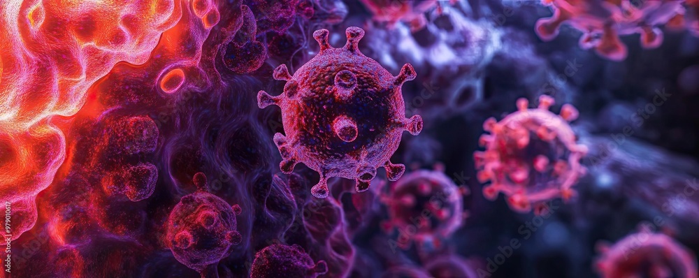 Poster microscopic view of vibrant virus particles showcasing intricate details and colors, representing th