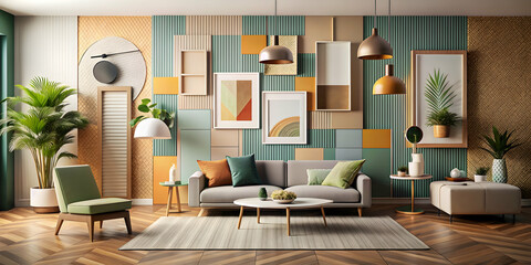 Modern interior art collage with retro s and trendy paper composition, perfect for wallpaper or modern art inspiration, modern, interior