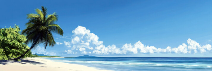 Seashore with yellow sand and palm trees. Beautiful ocean landscape. Independence day of Nauru. Horizontal banner. Free space for text. Copy space. Flat illustration