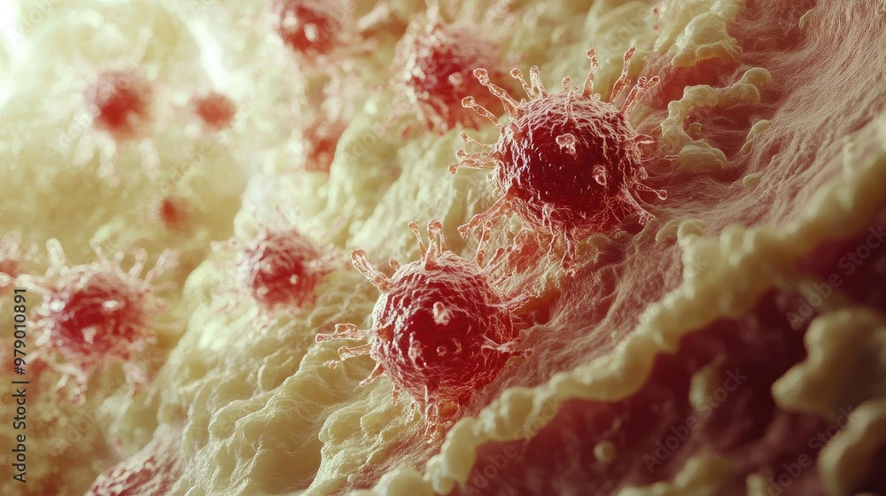 Poster microscopic view of cells showcasing intricate structures and vibrant colors, highlighting the beaut