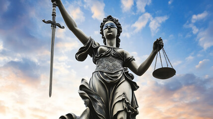 A statue of Lady Justice stands isolated, blindfolded, holding scales and a sword