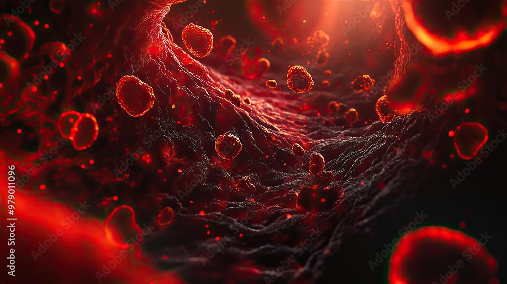 Poster a detailed view of red blood cells in motion, showcasing intricate textures and colors within a biol