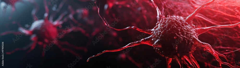 Poster Abstract representation of neurons with red glowing effects illustrating the complexity of the nervous system.