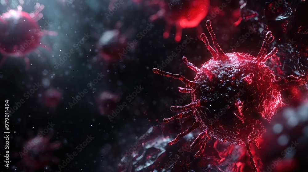 Aufkleber close-up of a virus in vibrant red tones, showcasing its intricate structure against a dark backgrou