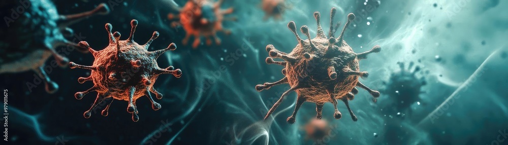 Aufkleber Detailed visualization of virus particles in an abstract environment, showcasing their structure and interactions in a microscopic view.