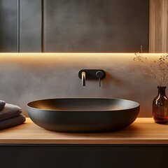 Clean Sleek Matte Black Bathroom Sink Design with Wall Mounted Faucet
