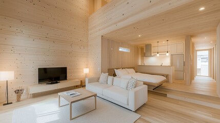 Fototapeta premium Modern Minimalist Wooden Apartment Interior Design with White Sofa and Bed