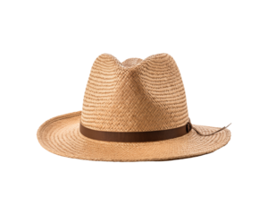 Straw hat with brown ribbon, woven texture, and wide brim. Perfect for summer fashion advertisements, beach accessory promotions, and outdoor lifestyle brands. Generative AI