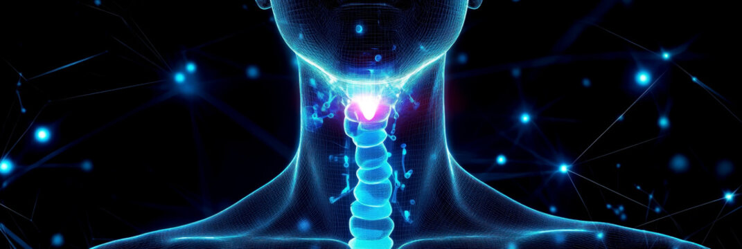 Human neck with inflamed thyroid gland. Thyroid Awareness Month. Horizontal banner. Copy space. Thyroid cancer. Glandular disease prevention. Endocrine system, hormonal problems