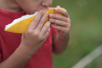 A close-up of a boy as he enjoys a fresh melon slice, highlighting the natural sweetness and the joy of eating healthy. Perfect for promoting nutritious snacks.