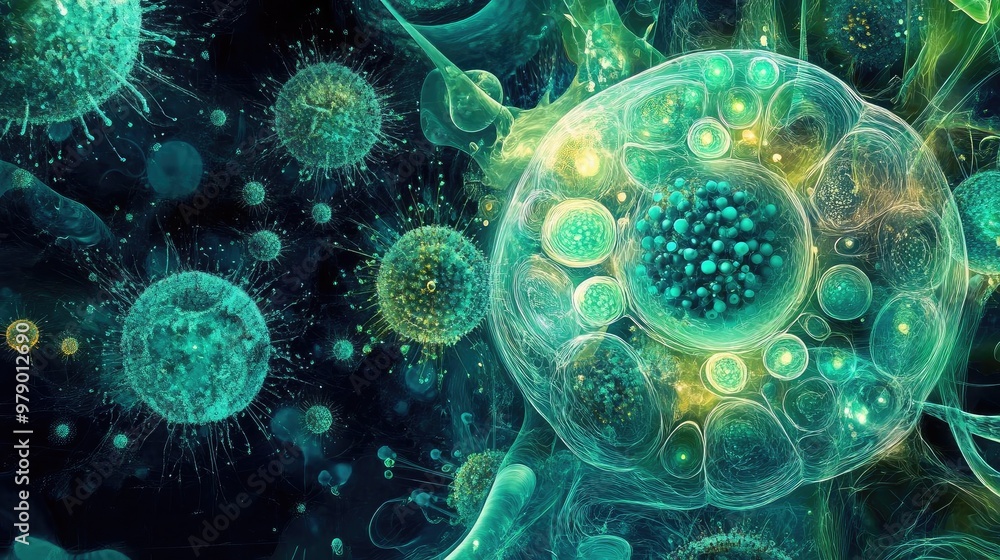 Poster Abstract illustration of microorganisms showcasing vibrant colors and intricate structures representing the world of cell biology.