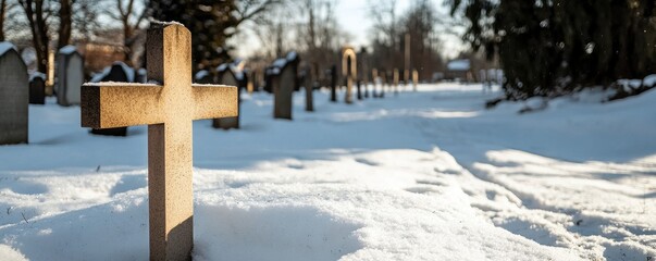 A serene winter graveyard scene featuring a wooden cross resting in the snow, illuminated by soft sunlight.