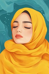 Naklejka premium Muslim woman in an yellow hijab. World Hijab Day. Flat illustration. World Women's Day in Hijab. Beautiful Arabian girl with closed eyes in headscarf. Vertical banner. Copy space