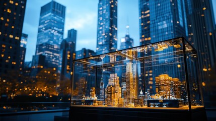 Glass Box Cityscape with Skyscrapers and Lights at Dusk