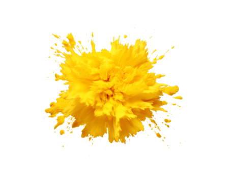 Yellow paint explosion on white background. Vivid, energetic backdrop for design projects, backgrounds, and creative concepts needing a burst of color. Generative AI