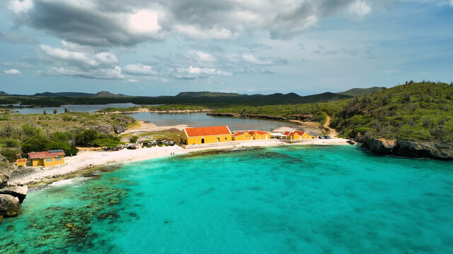 Aerial view of beautiful tropical beach with turquoise ocean and scenic coastline, Bonaire, Caribbean Netherlands.
