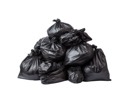 a pile of black trash bags against a white background. Suitable for environmental, waste management, recycling, and sanitation concepts. Generative AI