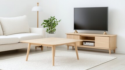 Modern Living Room with White Sofa  Wooden Coffee Table  and Flat Screen TV