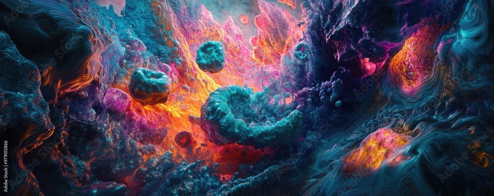 Poster a vibrant cosmic scene filled with swirling colors and ethereal forms, evoking a sense of wonder in 