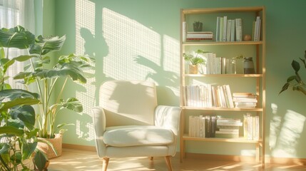 Fototapeta premium Cozy Living Room with Armchair Bookshelf and Sunlight