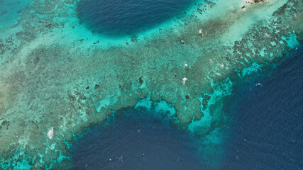 Aerial view of tropical reef and vibrant ocean in serene turquoise waters, Solomon Islands.