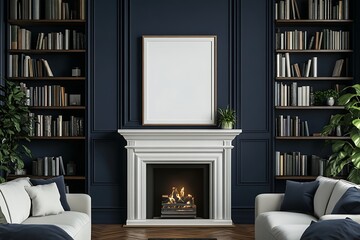 Classic Blue Home Library with Fireplace and Empty Picture Frame