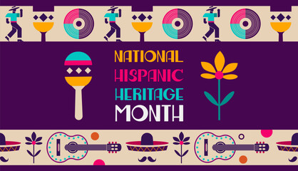 Greeting with national Hispanic heritage month geometric traditional colorful seamless pattern. Different elements of hispanic national culture: guitar, sombrero, dancing man and maracas