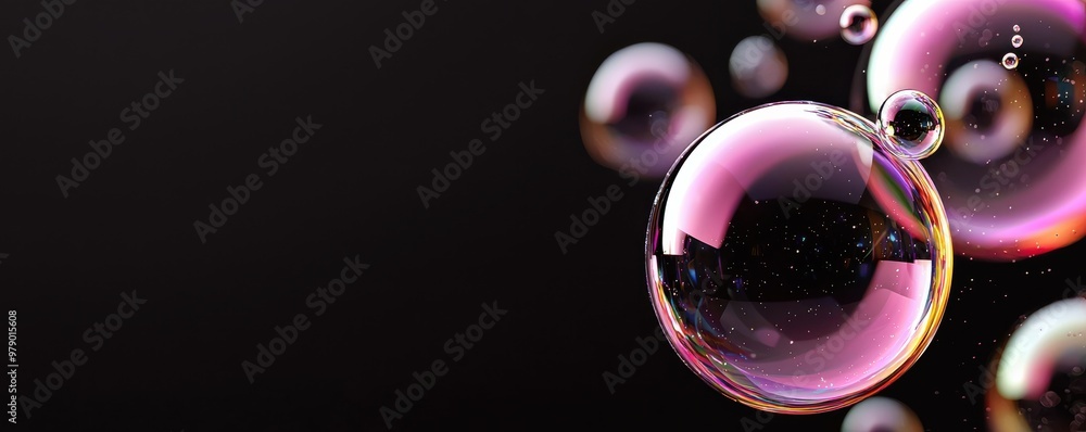 Poster colorful soap bubbles floating gently against a dark background, capturing light and creating a mesm