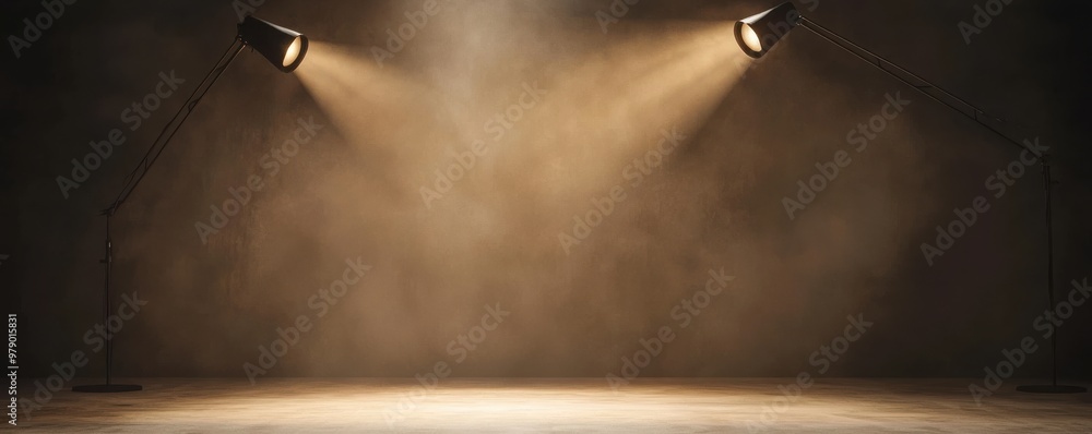 Poster dramatic lighting with spotlights illuminating a textured stage, creating an atmosphere of anticipat
