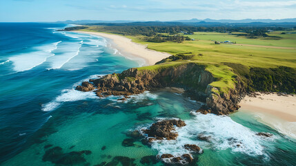 Aerial view of a beautiful beach and green, grassy cliff.