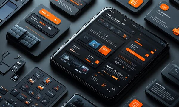 Modern User Interface Design with Dark Mode and Orange Accents