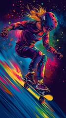 Illustration of an extreme skateboarder in motion, carving through the air with explosive trails of fire and light..