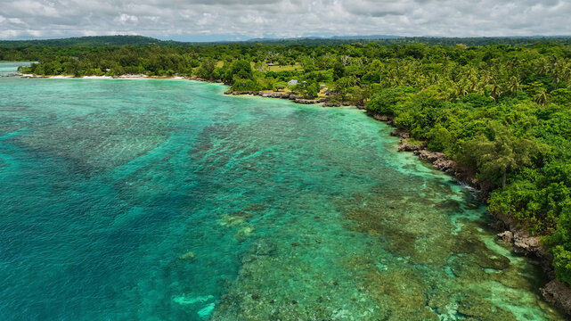 Aerial view of a tropical island with pristine reefs and lush palms, Shefa, Vanuatu.