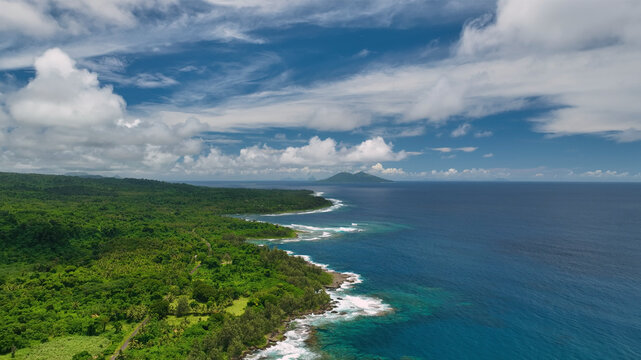 Aerial view of a tropical paradise with lush palm trees and pristine coastline, Shefa, Vanuatu.
