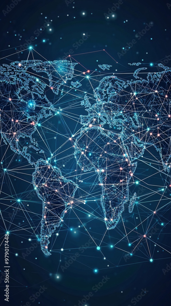 Poster a stylized world map with glowing lines and dots connected, forming a network or global connection.