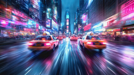 Fototapeta premium Futuristic neon-lit city, speeding taxi, motion blur, night, vibrant urban scene, cyberpunk style