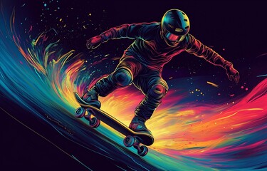 Illustration of an extreme skateboarder in motion, carving through the air with explosive trails of fire and light..