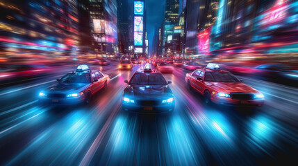 Futuristic neon-lit city, speeding taxi, motion blur, night, vibrant urban scene, cyberpunk style