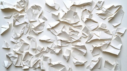Close-up of scattered, crumpled white paper pieces on a white surface.