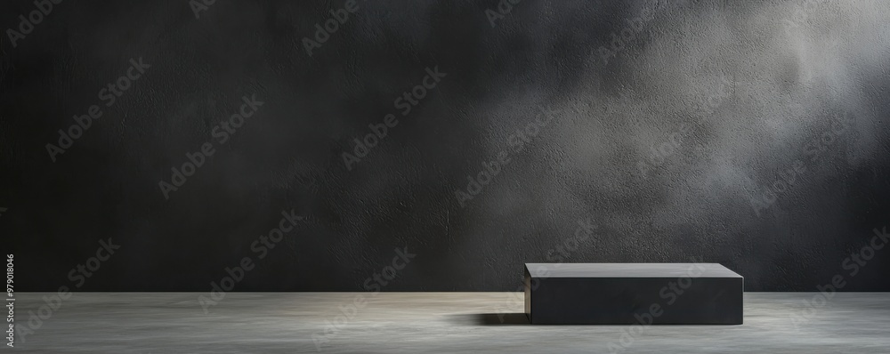 Poster a minimalistic dark background with a square pedestal, creating an elegant atmosphere for product di