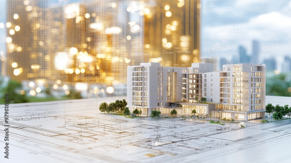 Poster modern architecture building model on blueprint with city lights background