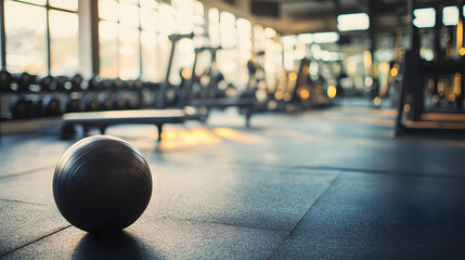 Empty Sport gym interior with Exercise equipment is neatly arranged, bathed in natural light streaming through large windo